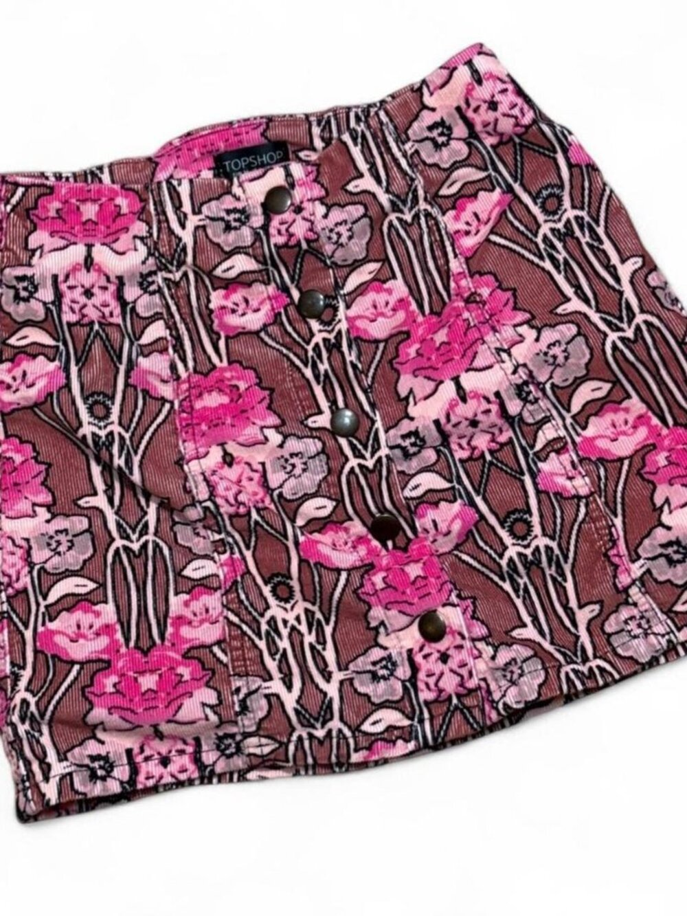 Topshop 🌟 corduroy pink floral mini skirt with button details. Size: UK 6  fits